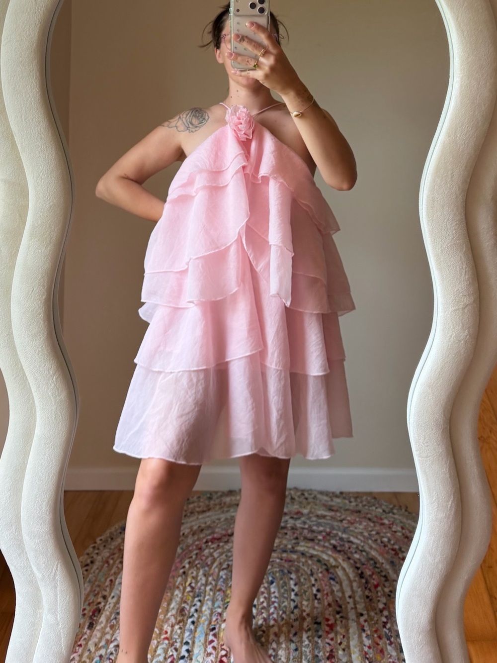 Womens Pink Layered Ruffle Halter Dress - Picture 2 of 6